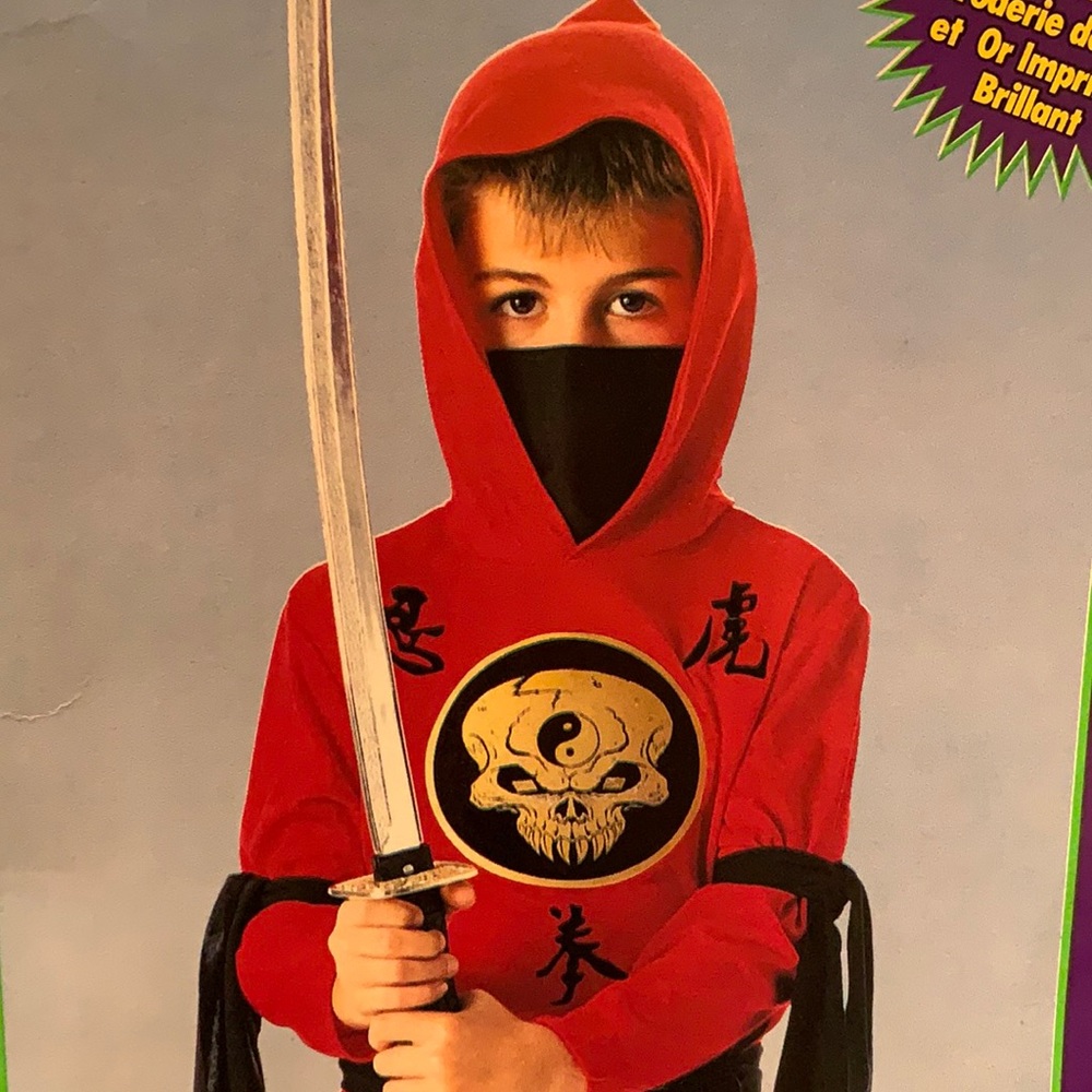 RED NINJA Kid costume, with plastic lion head nunchucks optional, worn once!